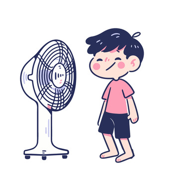 处暑大热天吹电扇的男孩