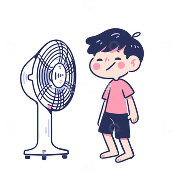 处暑大热天吹电扇的男孩