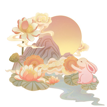 国潮风中秋节荷花山水圆月祥云玉兔月饼元素