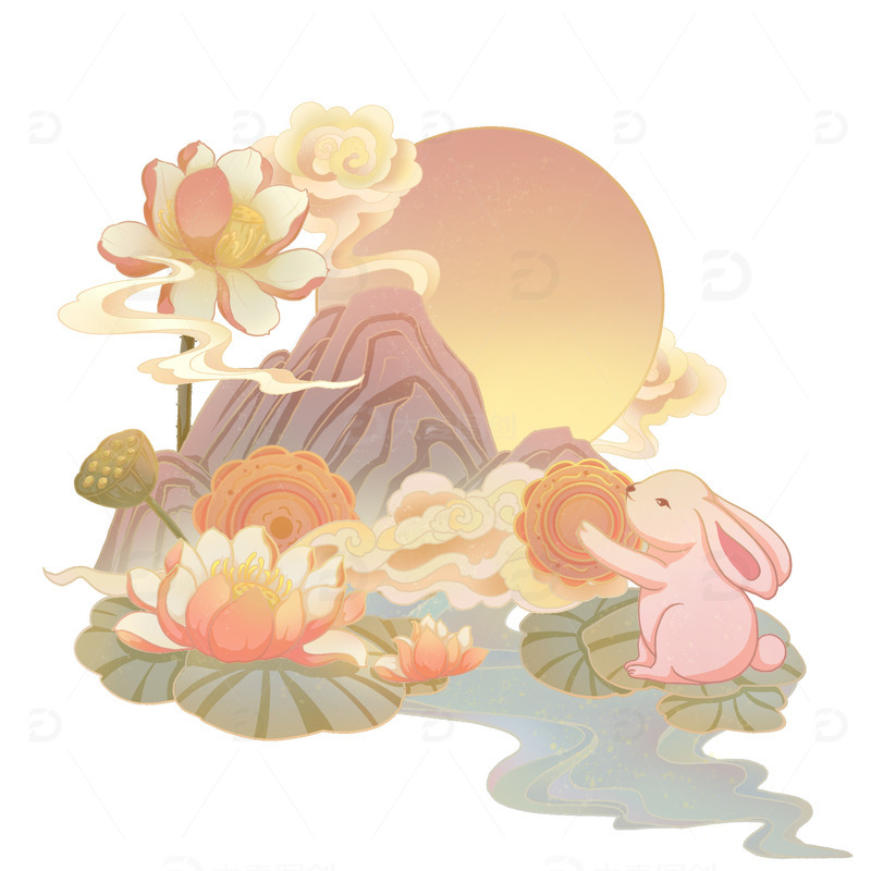 源文件下载【趣麦麦图】国潮风中秋节荷花山水圆月祥云玉兔月饼元素