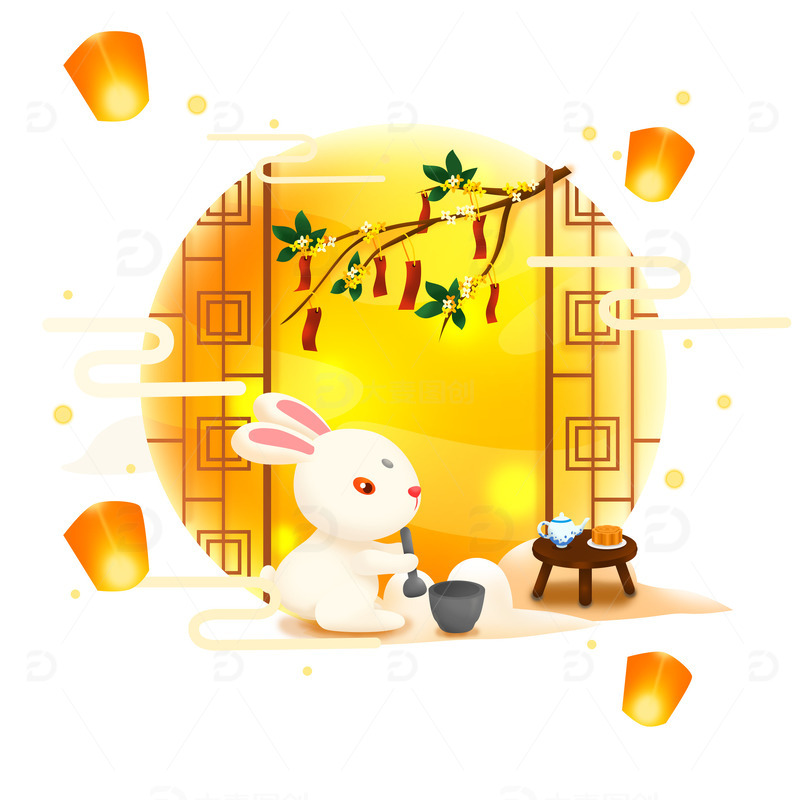 源文件下载【趣麦麦图】中秋节兔子捣药