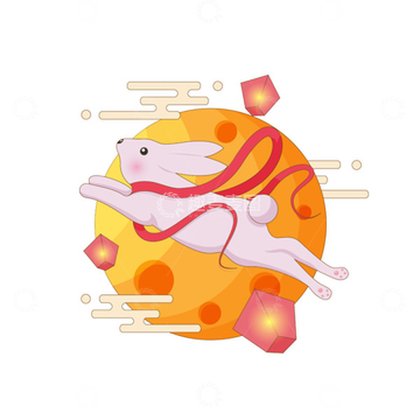 源文件下载【趣麦麦图】中秋节玉兔孔明灯手绘矢量插画