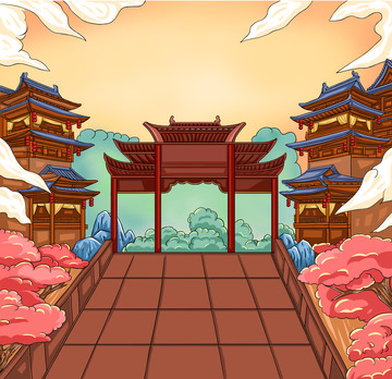 手绘古风建筑背景中秋节