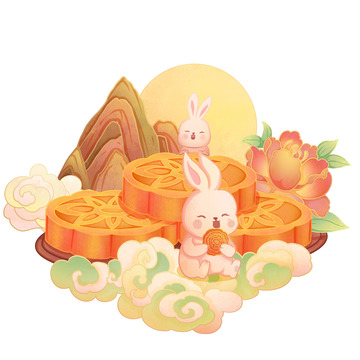 国潮风中秋节月饼兔子祥云山水牡丹花元素