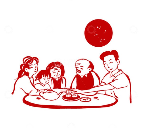源文件下载【趣麦麦图】-一家人团圆中秋节吃饭月饼剪纸风