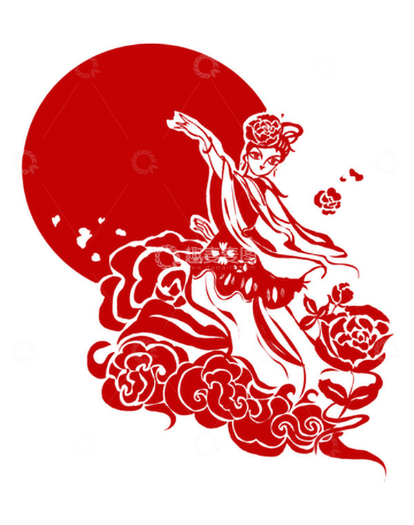 源文件下载【趣麦麦图】中秋节嫦娥飞天牡丹花剪纸风元素