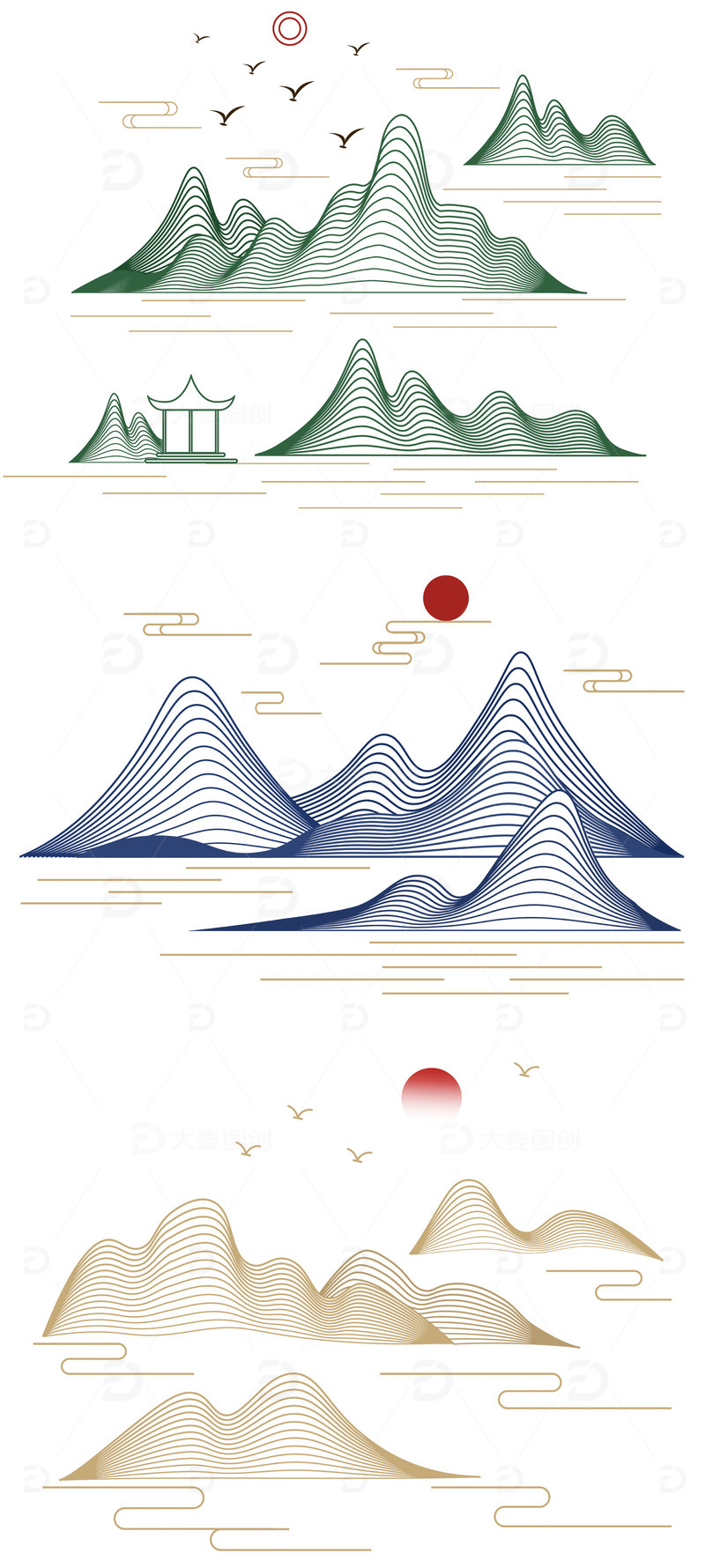 中式线条山水场景元素
