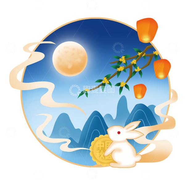源文件下载【趣麦麦图】中秋节玉兔赏月桂花孔明灯