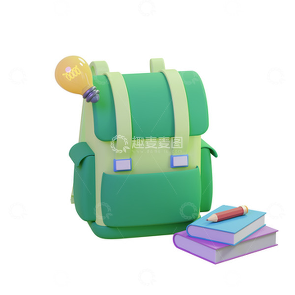 源文件下载【趣麦麦图】3D卡通书包书本铅笔背包文具模型