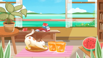 夏日避暑处暑节气场景插画