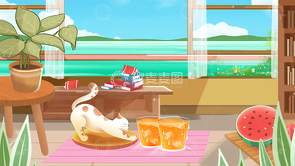 源文件下载【趣麦麦图】-夏日避暑处暑节气场景插画