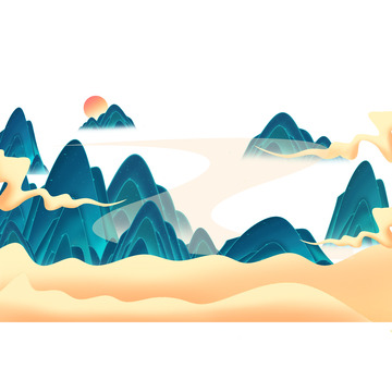 国潮风山水山峰复古祥云装饰元素