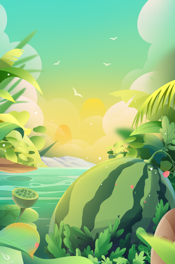 绿色避暑处暑节气插画处暑海报