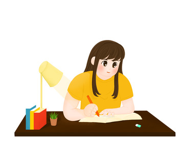 手绘认真考研学习的女生