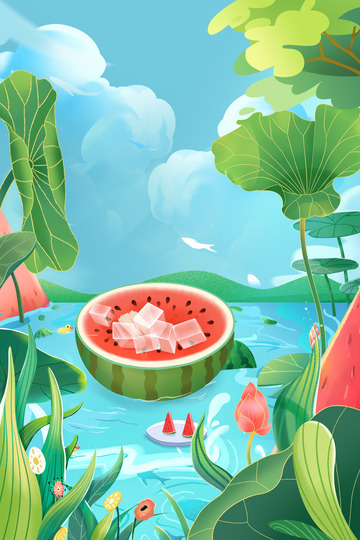 绿色清爽处暑荷塘插画