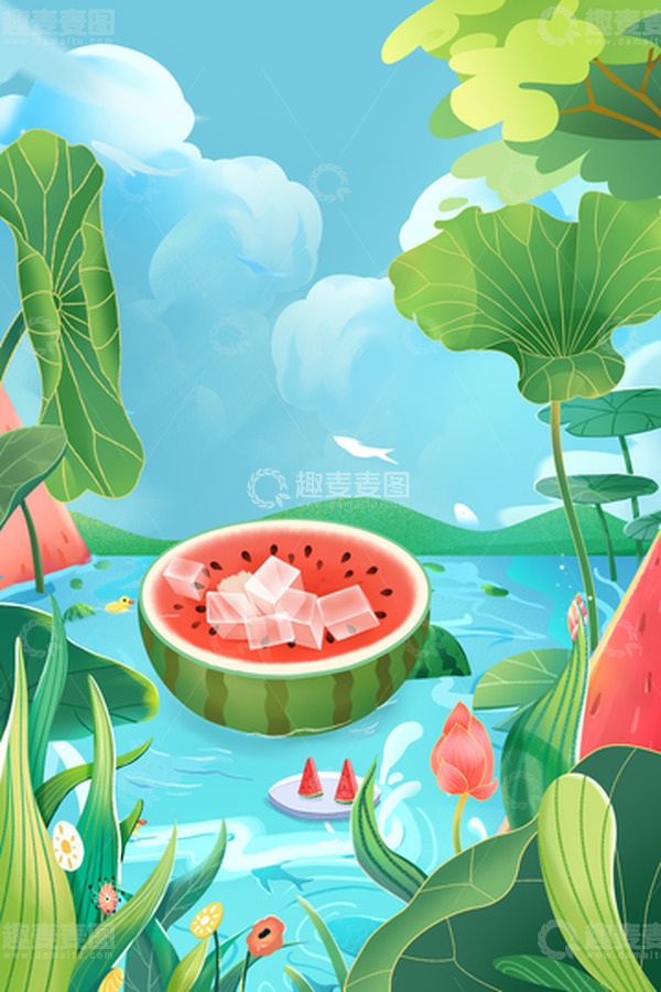 源文件下载【趣麦麦图】-绿色清爽处暑荷塘插画