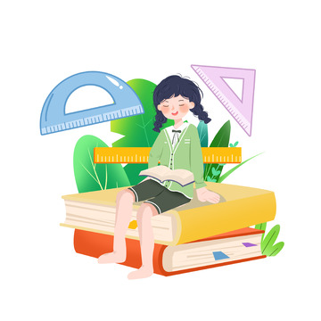 坐在书本上阅读书本书籍女孩