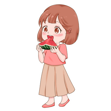 处暑避暑人物吃西瓜解暑