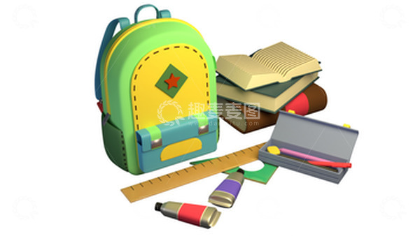 源文件下载【趣麦麦图】3D文具书包开学物品元素素材