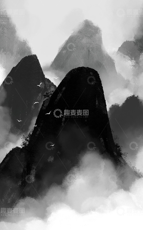 源文件下载【趣麦麦图】手绘水墨画山水画群山飞鸟中国风插画背景