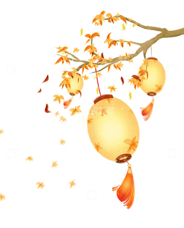 源文件下载【趣麦麦图】中秋手绘枫叶树枝灯笼海报装饰元素