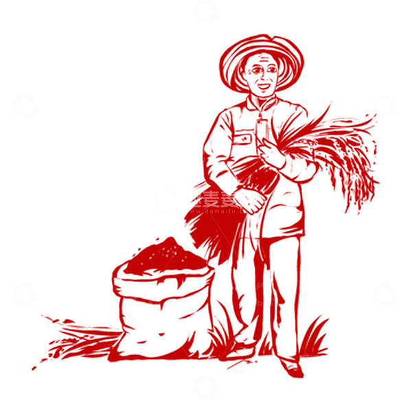 源文件下载【趣麦麦图】草帽农民稻田稻谷丰收剪纸秋分节气元素