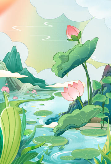 国风处暑清凉插画背景海报