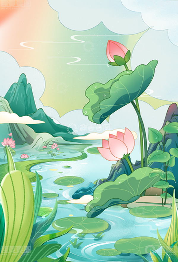 源文件下载【趣麦麦图】国风处暑清凉插画背景海报