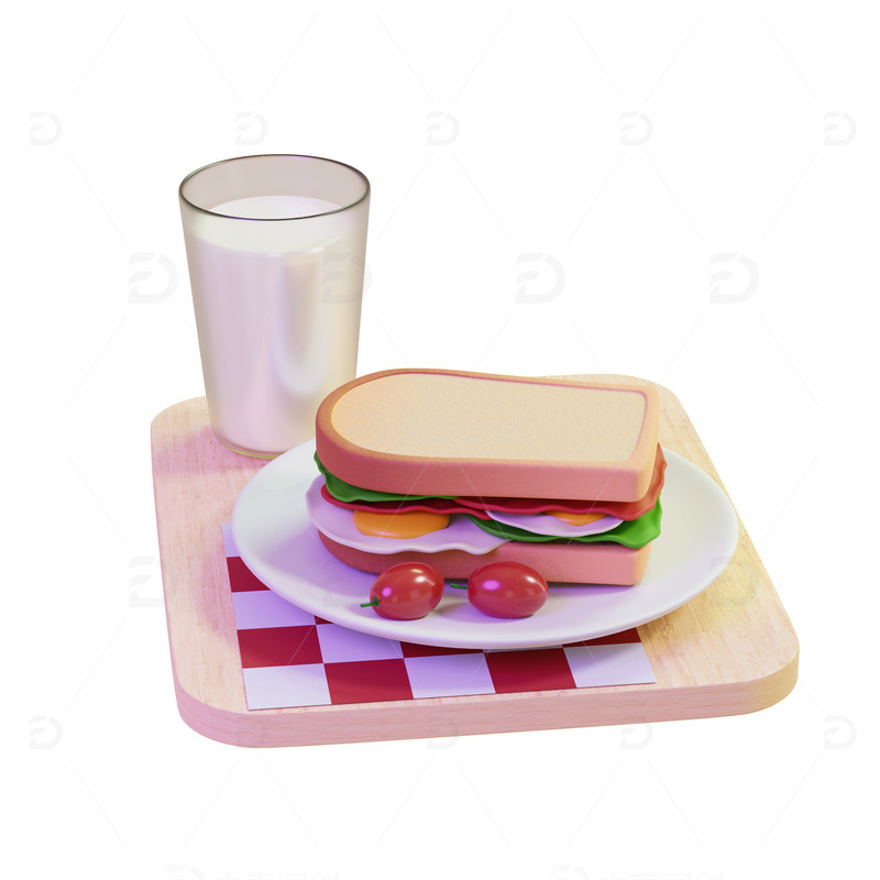 源文件下载【趣麦麦图】3D早餐牛奶鸡蛋火腿三明治吐司面包