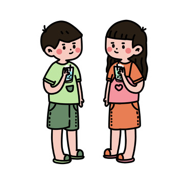 小清新喝冷饮可爱手绘文创插画