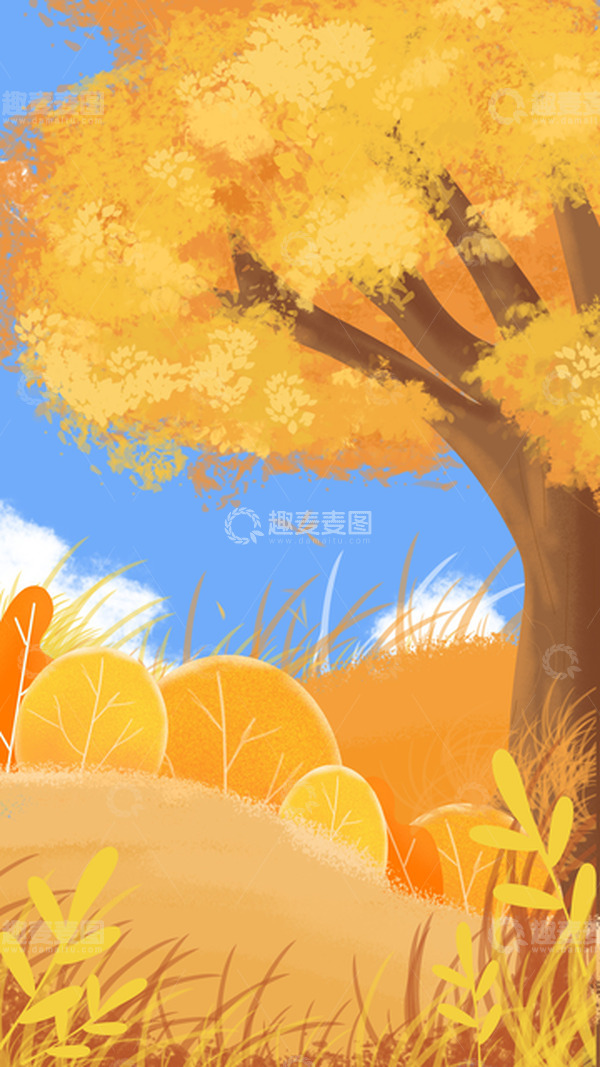 源文件下载【趣麦麦图】手绘立秋秋天金黄落叶旅游节气插画海报