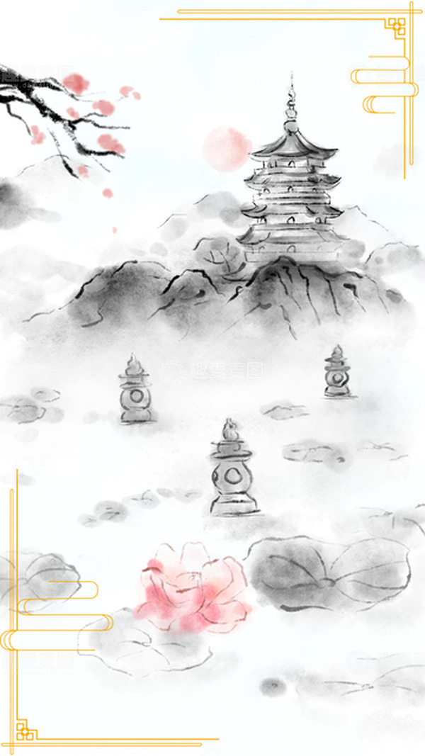 源文件下载【趣麦麦图】水墨画西湖雷峰塔