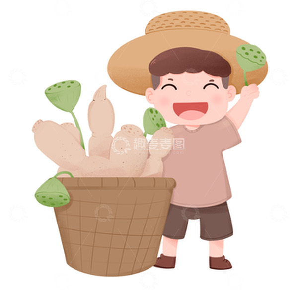 源文件下载【趣麦麦图】-处暑节气农民开心的拿着收获的莲藕莲蓬元素