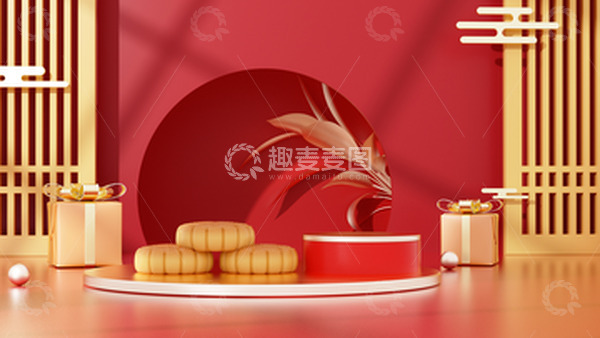源文件下载【趣麦麦图】C4D中秋海报月饼礼盒中国风海报背景