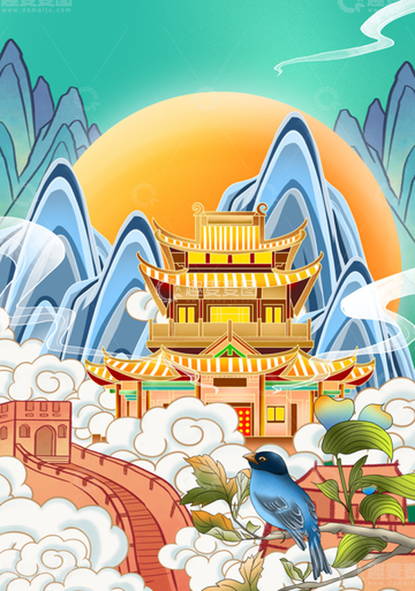 源文件下载【趣麦麦图】手绘国潮山水建筑插画