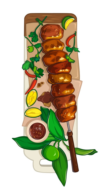 线稿风夏季烧烤美食拼盘手绘插画