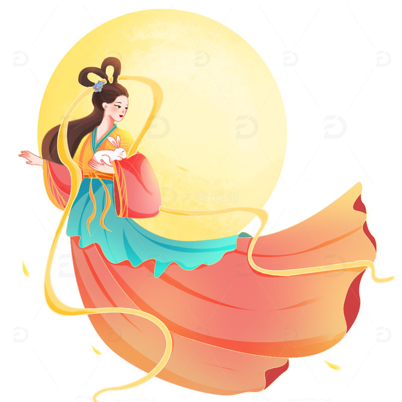 源文件下载【趣麦麦图】-中秋节嫦娥怀抱玉兔奔月元素