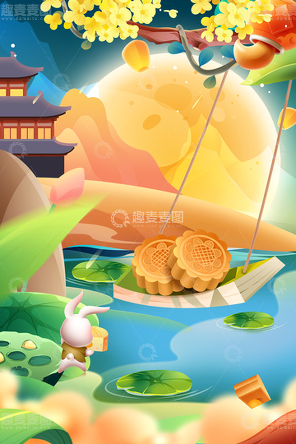 源文件下载【趣麦麦图】国风中秋嫦娥奔月玉兔国潮插画海报
