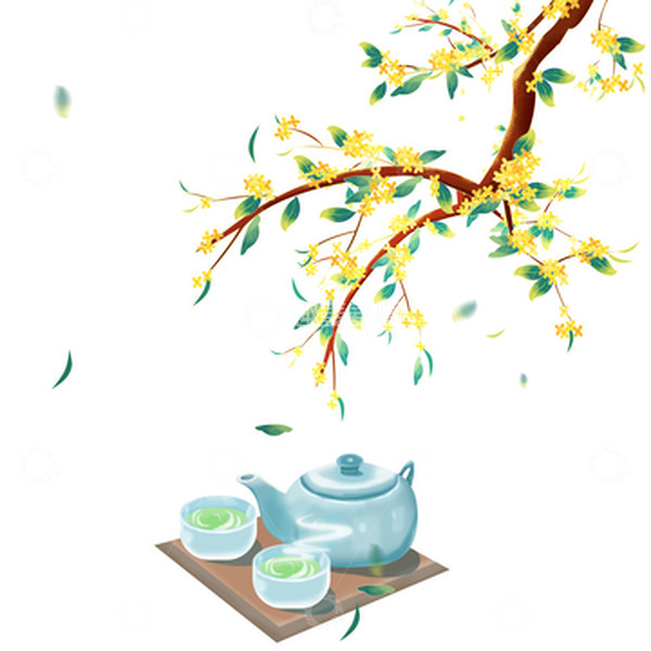 源文件下载【趣麦麦图】中秋节国潮风桂花枝茶壶茶杯卡通PNG素材