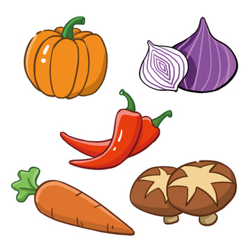 果蔬合集卡通插画南瓜洋葱辣椒香菇胡萝卜