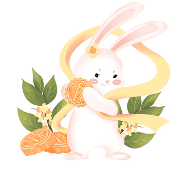 中秋玉兔抱月饼卡通插画元素