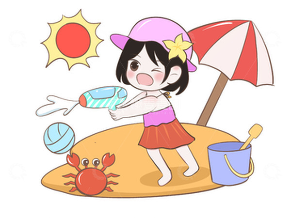 源文件下载【趣麦麦图】卡通沙滩拿水枪玩耍女孩