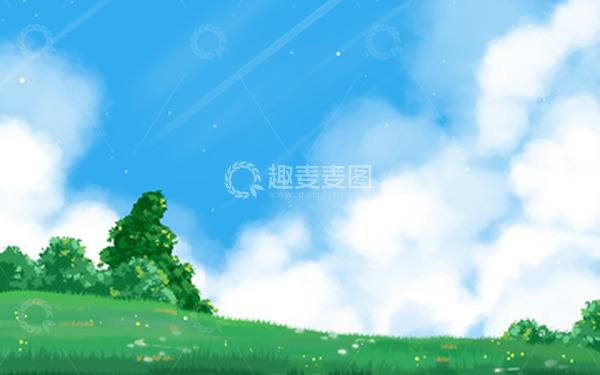 源文件下载【趣麦麦图】手绘小清新春天夏季户外蓝天白云插画背景