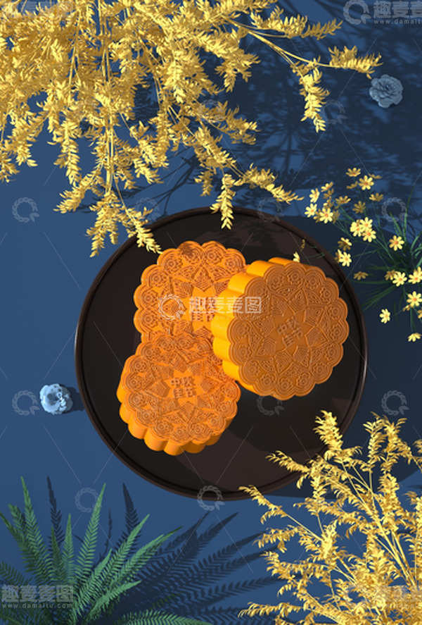 源文件下载【趣麦麦图】3D立体中秋月饼国潮海报背景