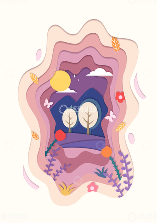 源文件下载【趣麦麦图】剪纸风简约夜色风景海报背景