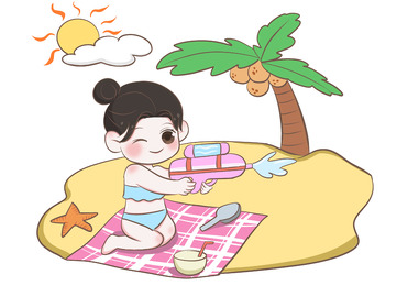卡通沙滩拿水枪女孩
