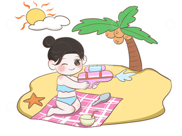 源文件下载【趣麦麦图】卡通沙滩拿水枪女孩