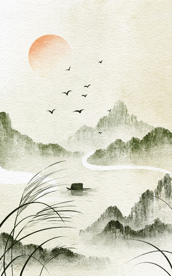 源文件下载【趣麦麦图】手绘水墨山水画古风中国风芦苇飞鸟背景