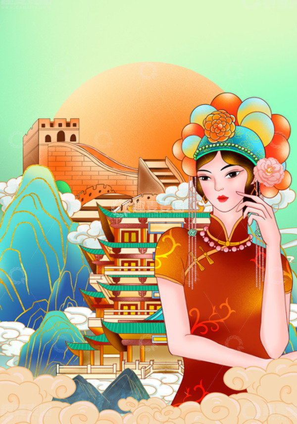源文件下载【趣麦麦图】手绘国潮插画文创手绘海报背景