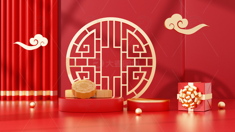 源文件下载【趣麦麦图】C4D中秋海报背景红色中国风立体海报背景